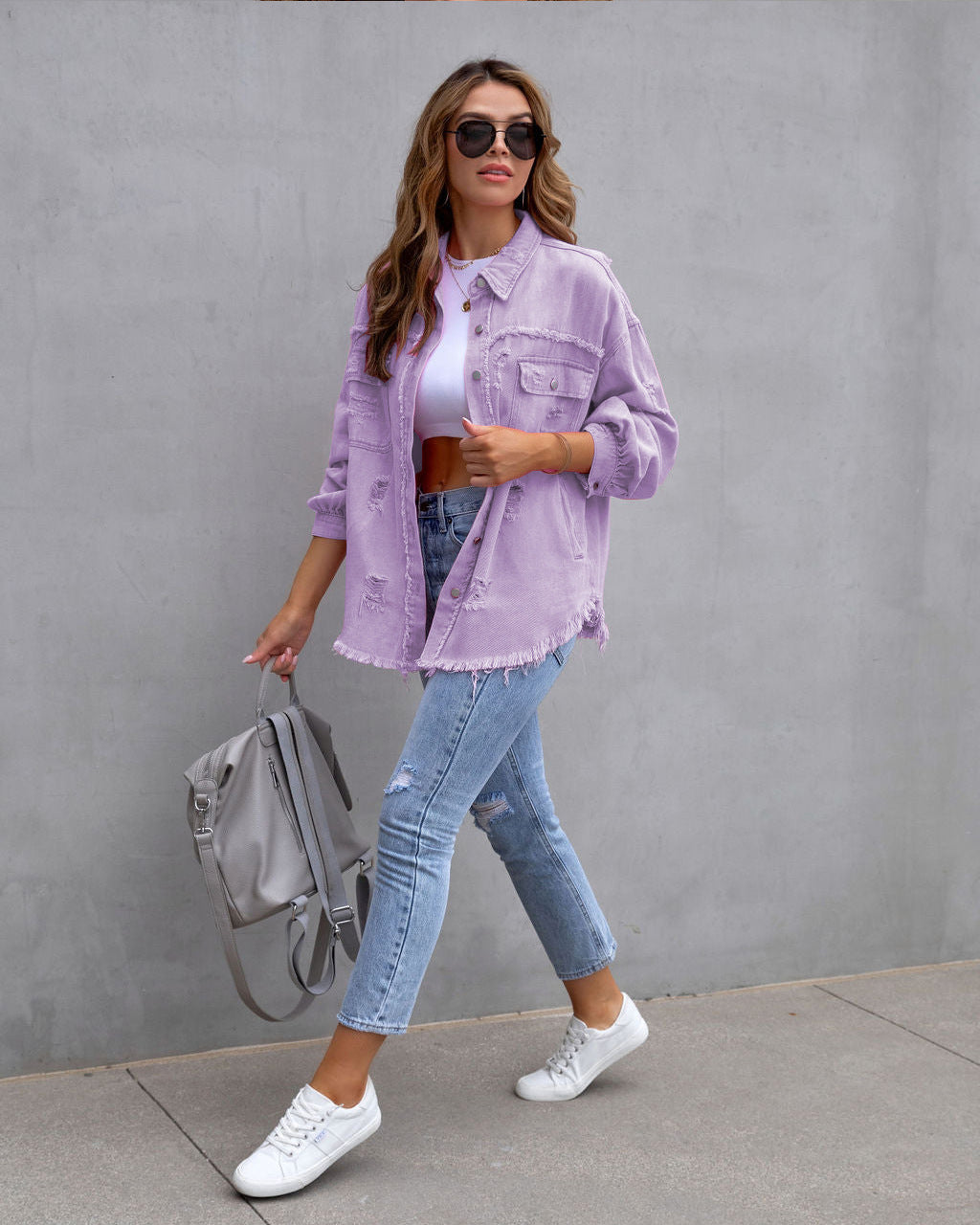 Women's Fashion Ripped Shirt Jacket