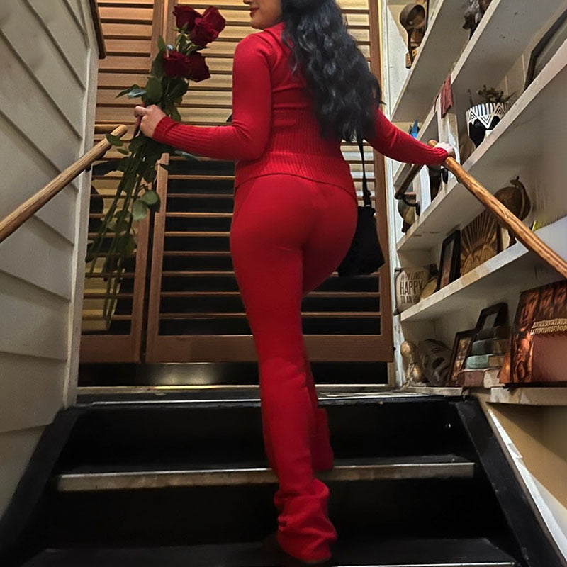 Women's Matching Long Sleeve Sweater Hoodie & High Waist Long Pants Set