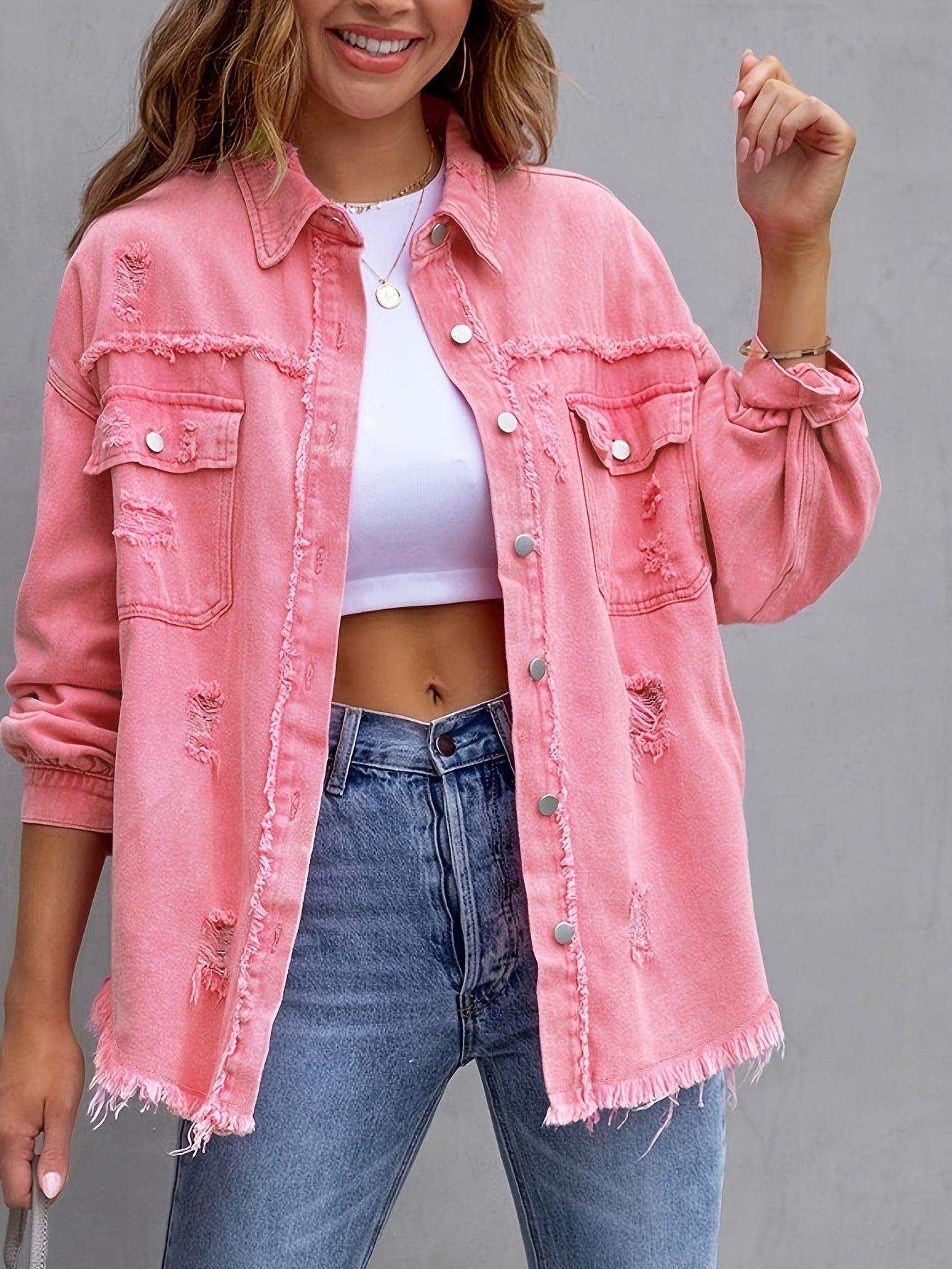 Women's Fashion Ripped Shirt Jacket