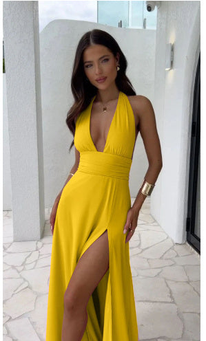 Women's Backless V-neck Slit Dress