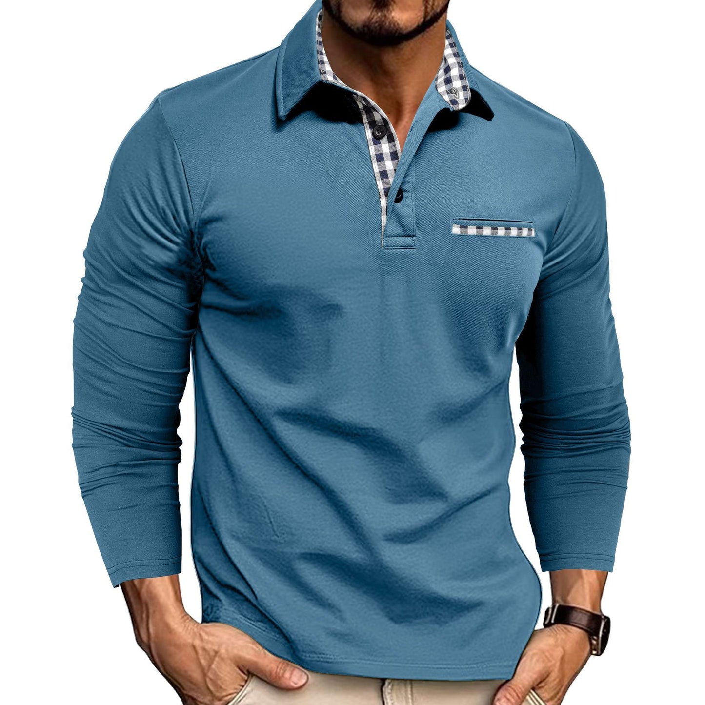 Casual Plaid Long Sleeve Polo Shirt