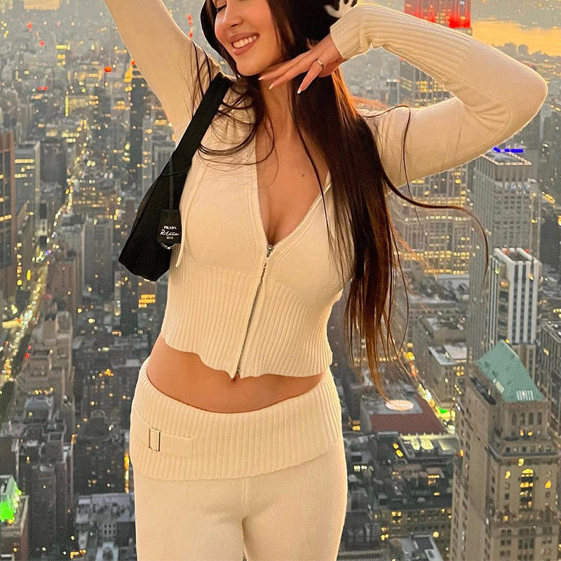 Women's Matching Long Sleeve Sweater Hoodie & High Waist Long Pants Set