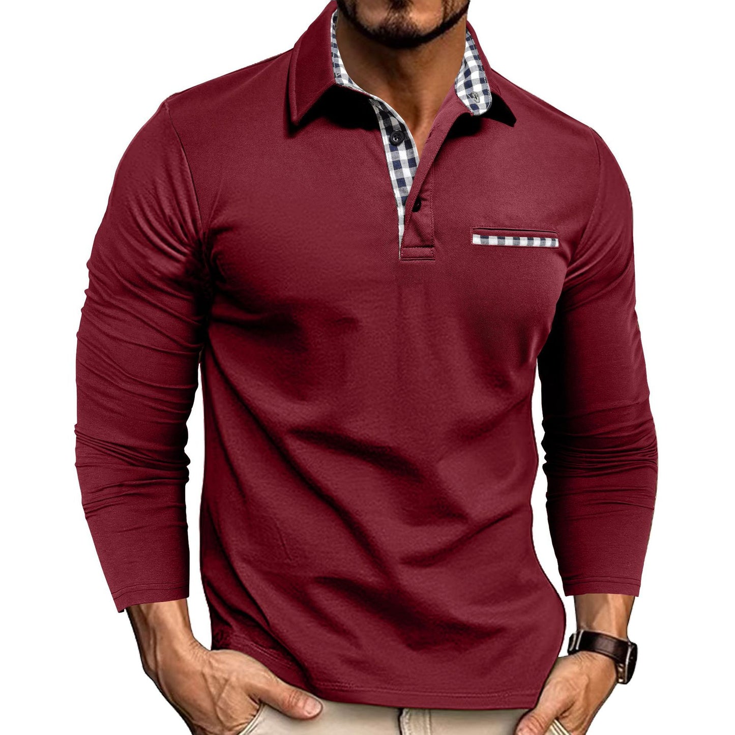 Casual Plaid Long Sleeve Polo Shirt