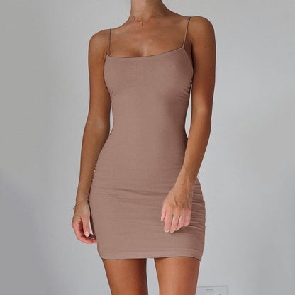 Pure Color Simple Hanging Neck Tight-fitting Hip Skirt Dress