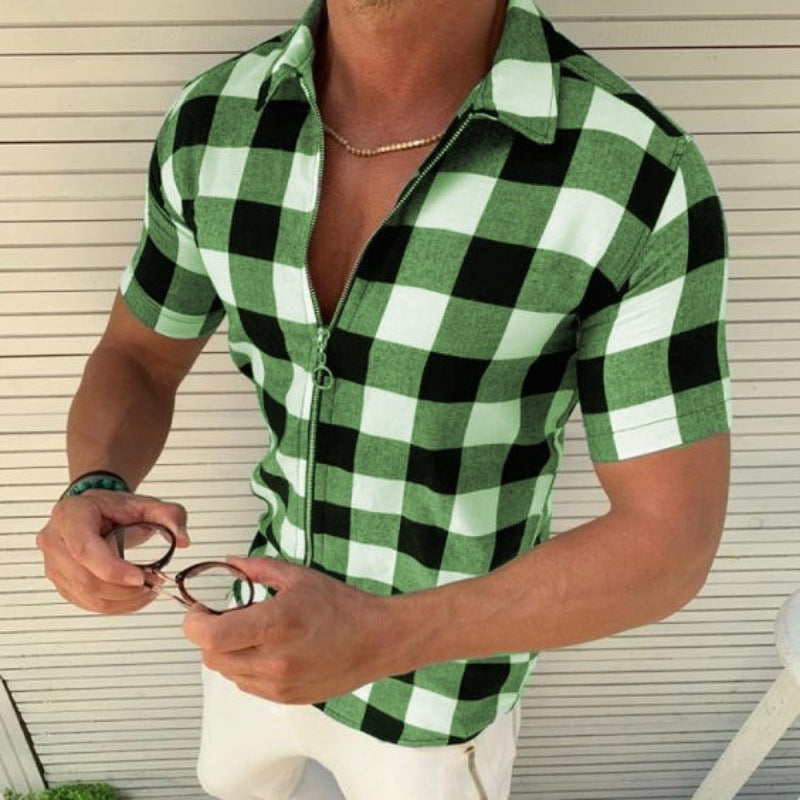 Plaid Mens Zipper Short Sleeve Shirts