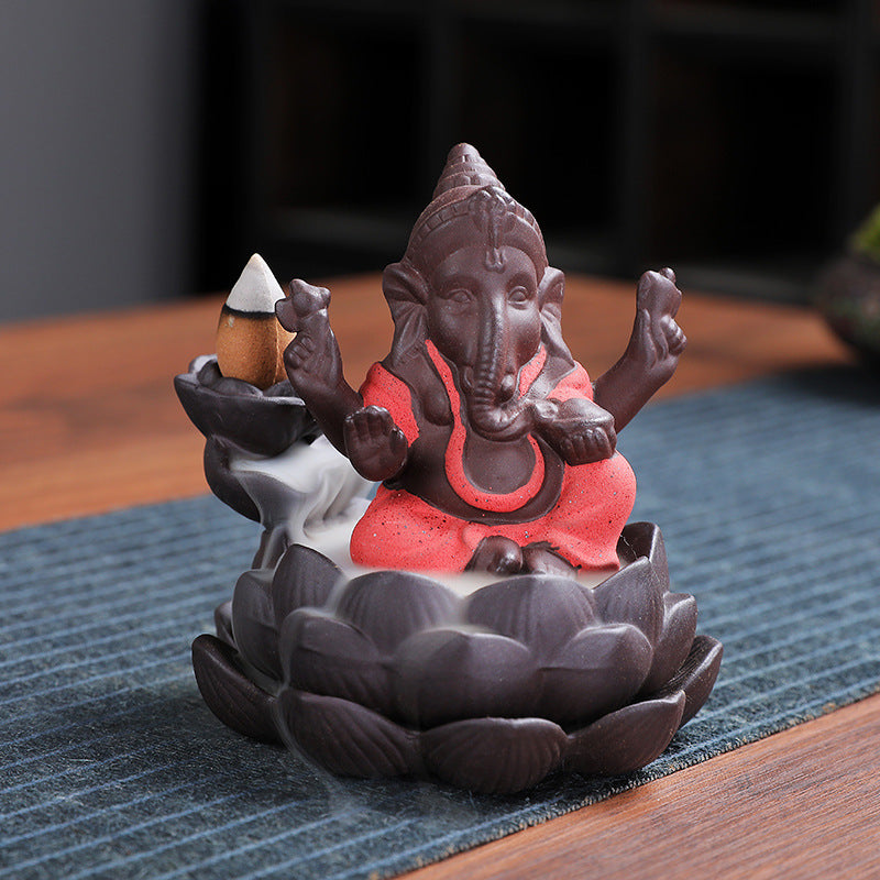 Purple Sand Ceramic God Ganesh Lotus Base Incense Burner Worship Ornament