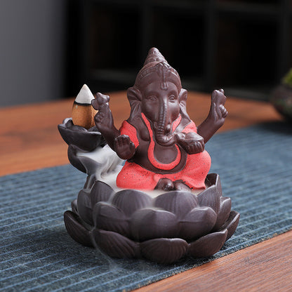 Purple Sand Ceramic God Ganesh Lotus Base Incense Burner Worship Ornament