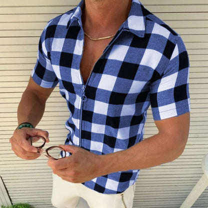 Plaid Mens Zipper Short Sleeve Shirts