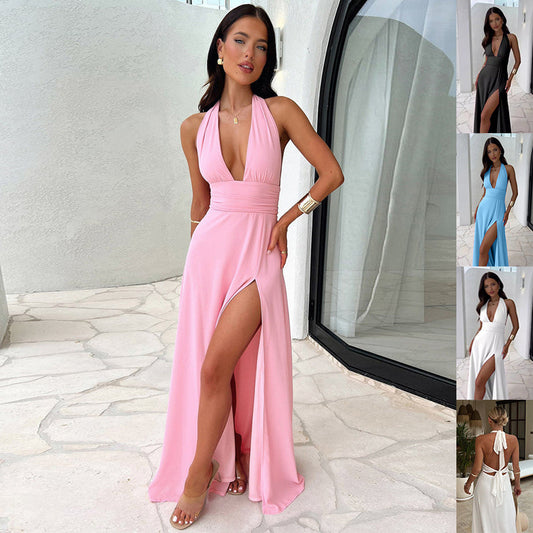 Women's Backless V-neck Slit Dress