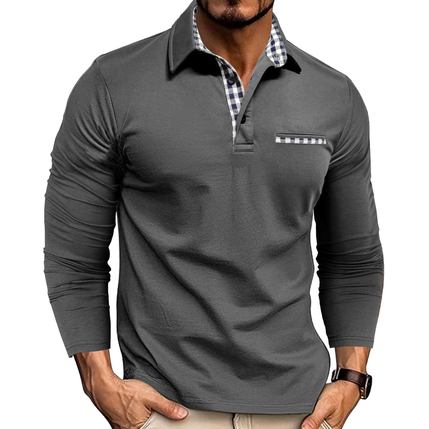 Casual Plaid Long Sleeve Polo Shirt