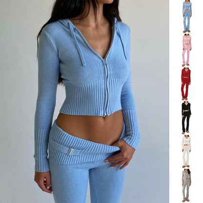 Women's Matching Long Sleeve Sweater Hoodie & High Waist Long Pants Set