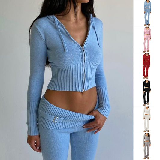 Women's Matching Long Sleeve Sweater Hoodie & High Waist Long Pants Set