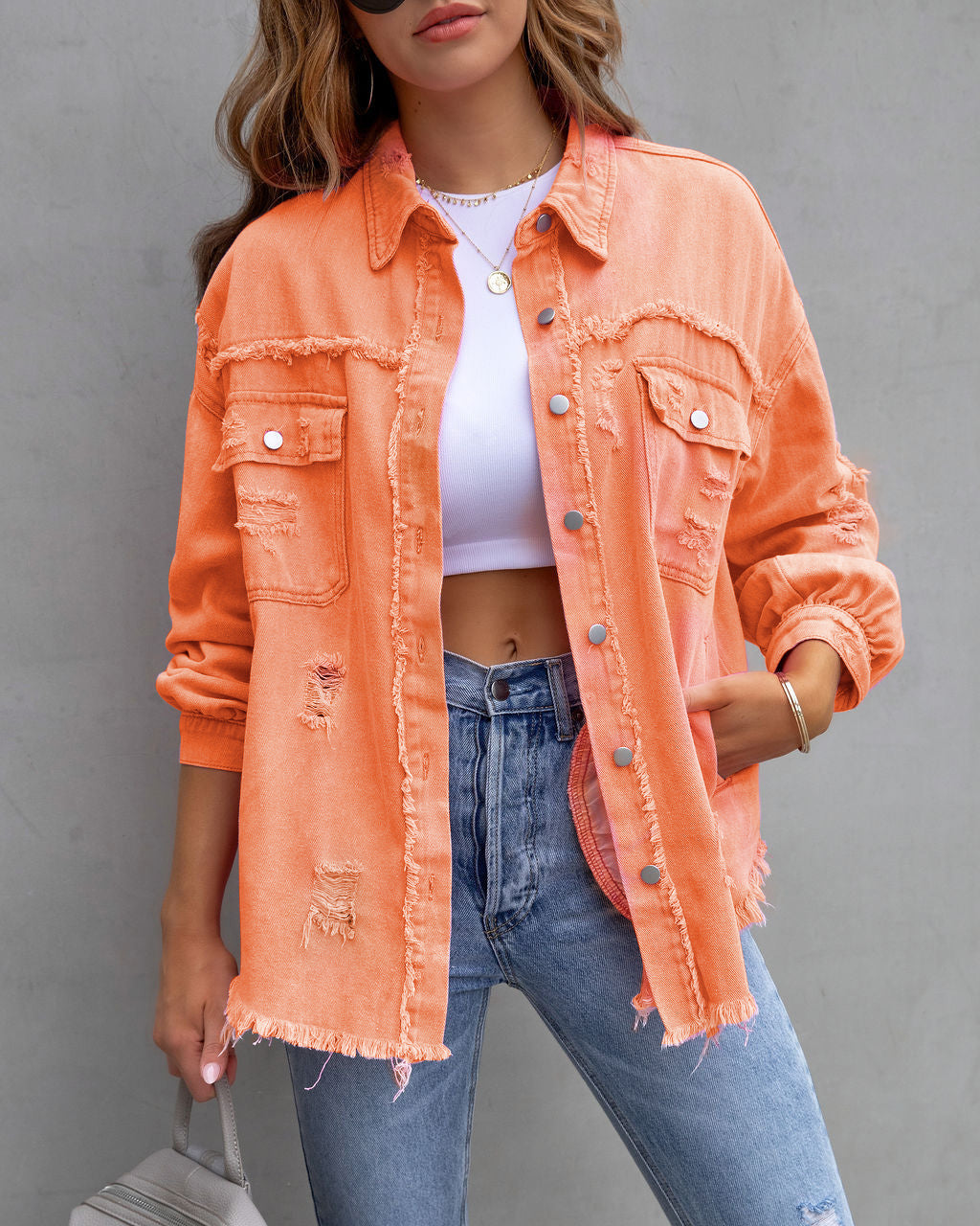 Women's Fashion Ripped Shirt Jacket