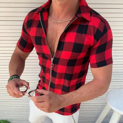 Plaid Mens Zipper Short Sleeve Shirts