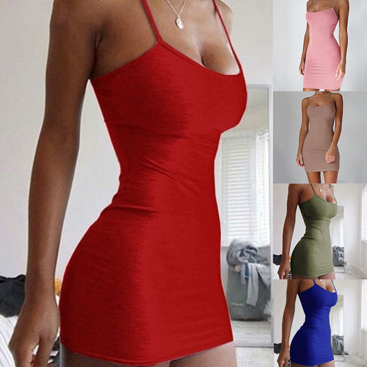 Pure Color Simple Hanging Neck Tight-fitting Hip Skirt Dress