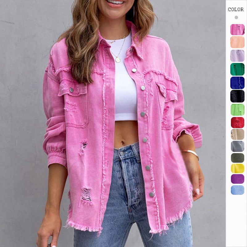 Women's Fashion Ripped Shirt Jacket