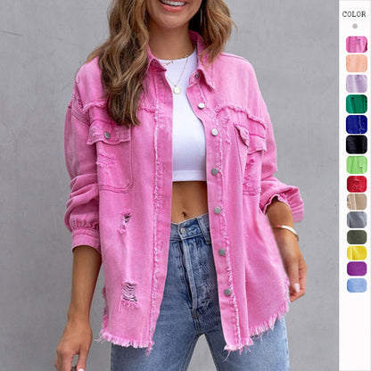 Women's Fashion Ripped Shirt Jacket