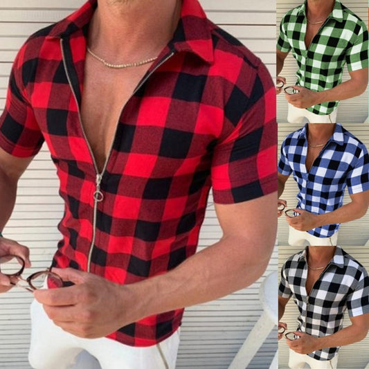 Plaid Mens Zipper Short Sleeve Shirts