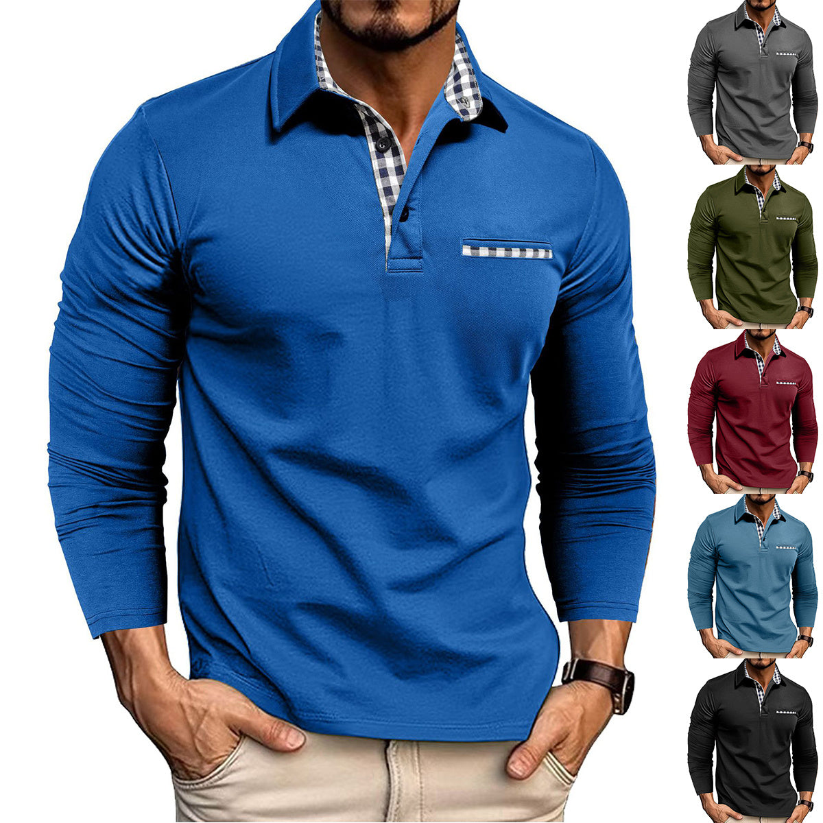Casual Plaid Long Sleeve Polo Shirt