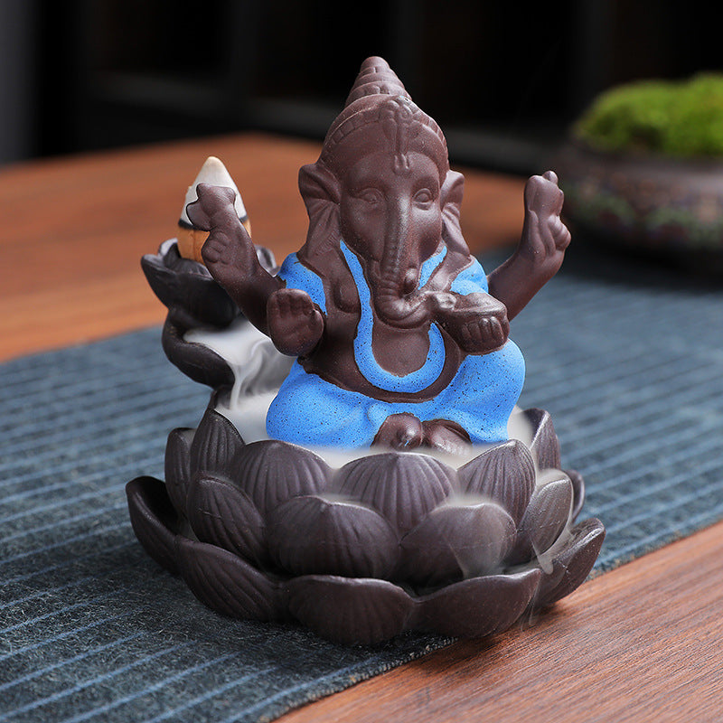 Purple Sand Ceramic God Ganesh Lotus Base Incense Burner Worship Ornament