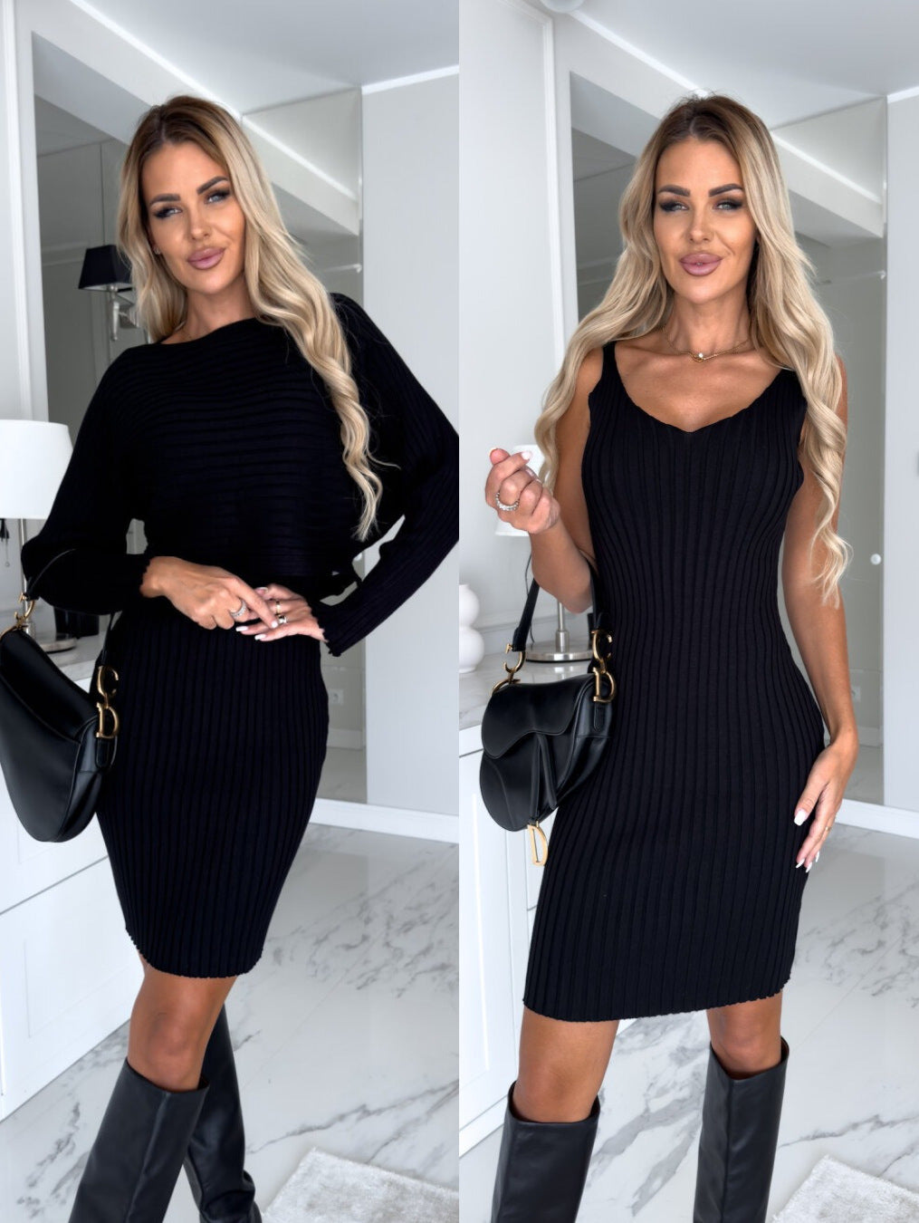 Women's 2pcs Solid Stripe Long-sleeved Top And Tight Suspender Skirt