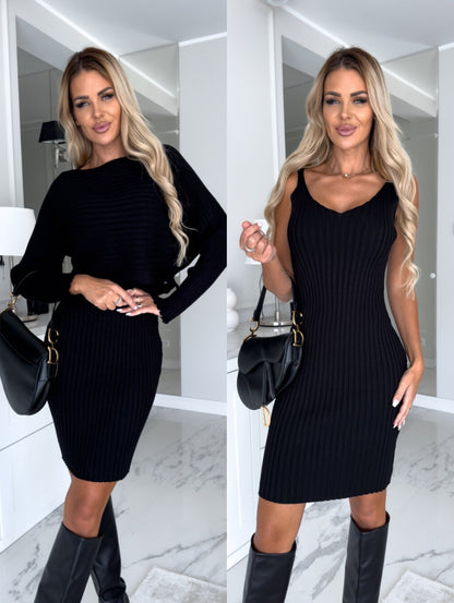 Women's 2pcs Solid Stripe Long-sleeved Top And Tight Suspender Skirt