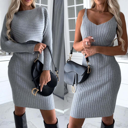 Women's 2pcs Solid Stripe Long-sleeved Top And Tight Suspender Skirt