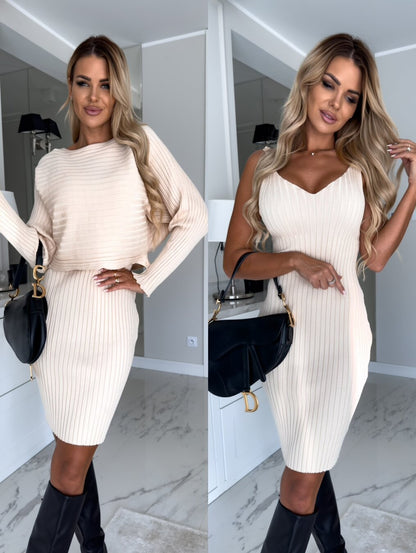 Women's 2pcs Solid Stripe Long-sleeved Top And Tight Suspender Skirt