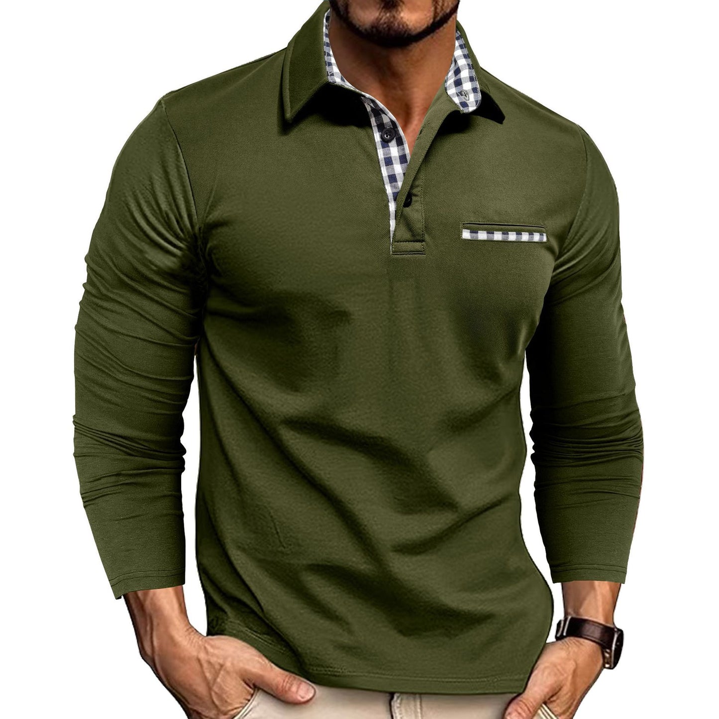 Casual Plaid Long Sleeve Polo Shirt