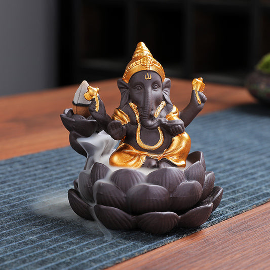 Purple Sand Ceramic God Ganesh Lotus Base Incense Burner Worship Ornament