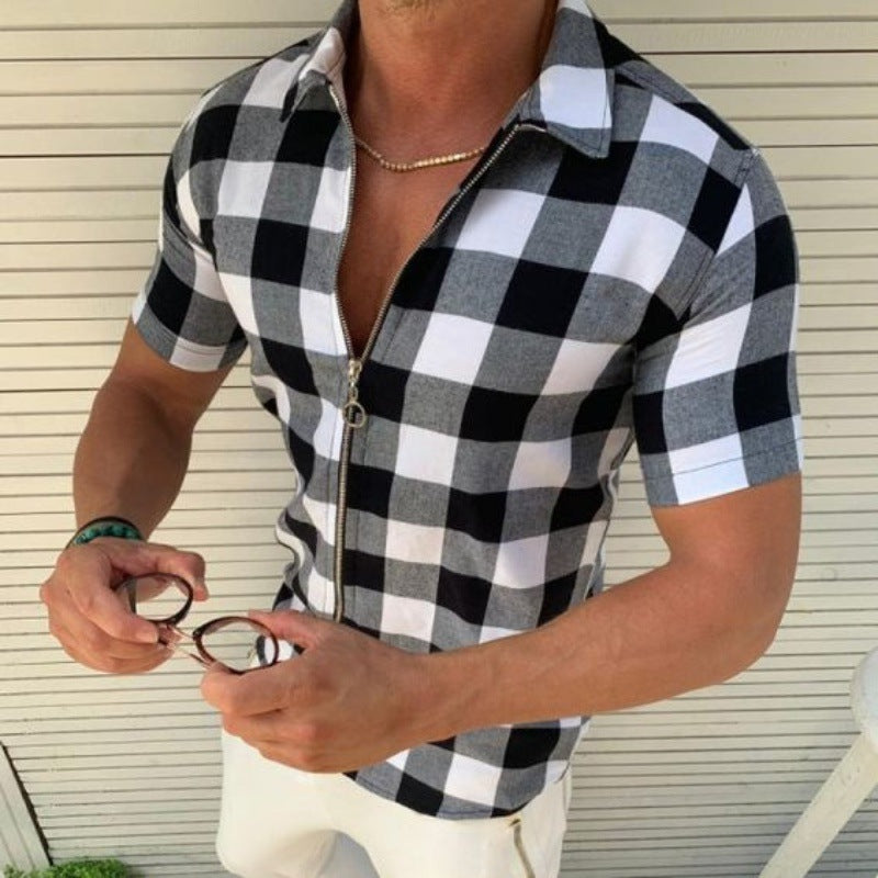 Plaid Mens Zipper Short Sleeve Shirts